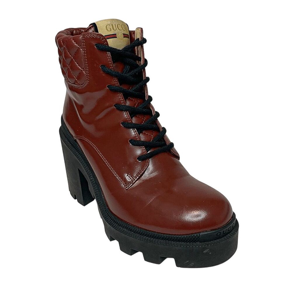 Gucci Trip Magnum Garnet Red Patent Leather Lug Sole Lace Up Heeled Boots 37.5